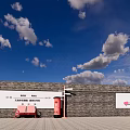 Brick Scenic Wall With White Billboards Red Seats And Blue Sky Clouds