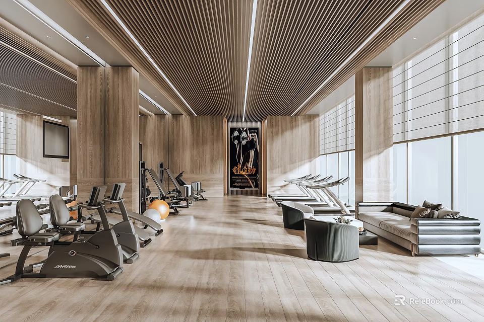 Modern Fitness Gym Interior With Various Workout Equipment And Wooden Design Elements 3d model 