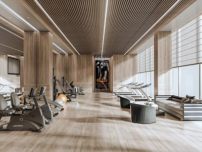 Modern Fitness Gym Interior With Various Workout Equipment And Wooden Design Elements 3d model