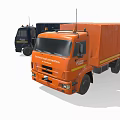 Two Commercial Cargo Trucks in Dark Blue and Orange for Freight Transport