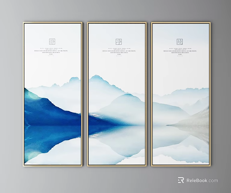 Modern Minimalist Landscape Triptych Paintings With Blue Mountain Reflections And Soft White Tones 3d model 