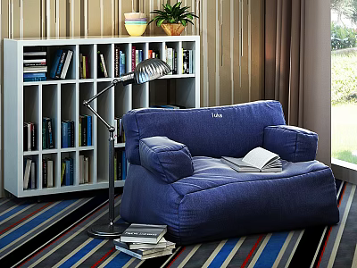 Blue Single Sofa with Floor Lamp Bookshelf and Striped Rug in Cozy Reading Space 3d model