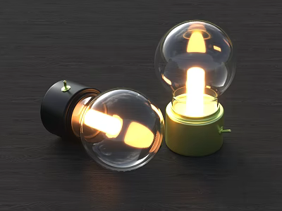 Decorative Lights with Green Black Bases Transparent Glass Shades Yellow Filaments Lit on Dark Tabletop 3d model