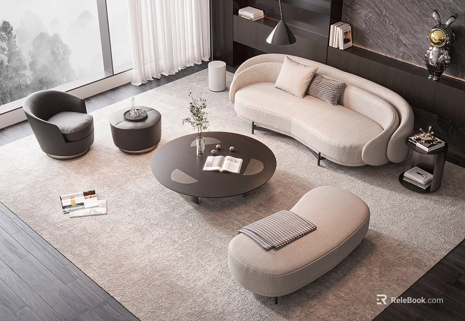 Modern Living Room With Curved Sofa And Round Coffee Table Set 3d model 