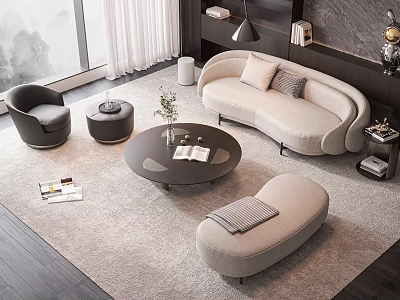 Modern Living Room With Curved Sofa And Round Coffee Table Set 3d model
