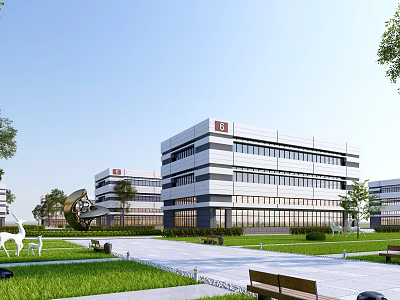 Modern Industrial Plant Building Exterior With Multi Story Glass Windows And Landscaped Lawn 3d model