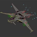 Gray Fighter Jet With Multiple Wings Weaponry And Blue Light Spots On Dark Reflective Background