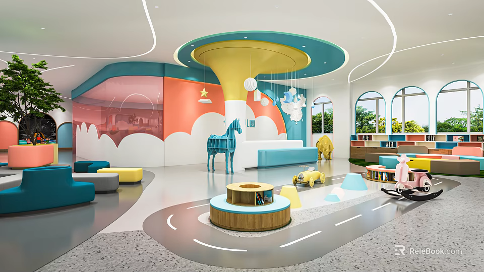 Colorful Kindergarten Interior With Blue Horse Decoration Yellow Toys And Circular Play Area 3d model 