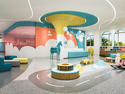 Colorful Kindergarten Interior With Blue Horse Decoration Yellow Toys And Circular Play Area 3d model
