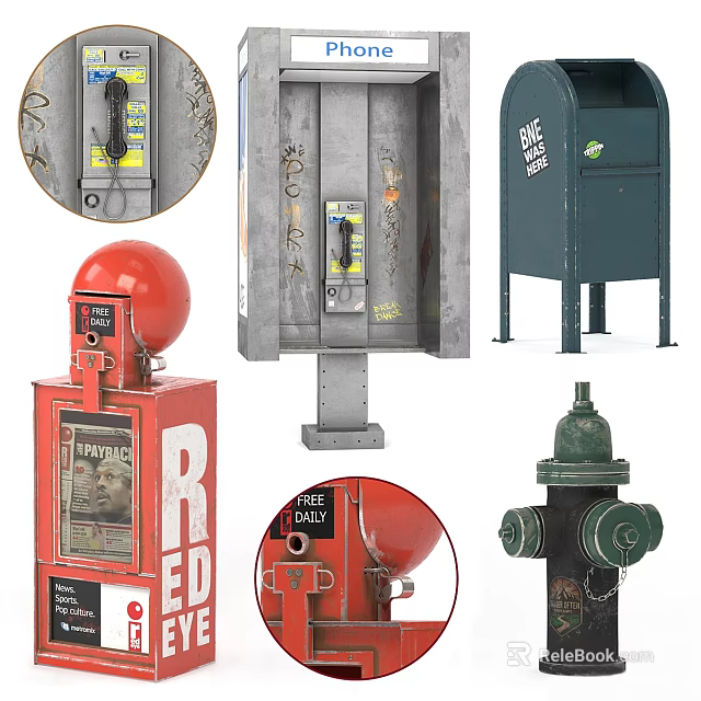 Essential Urban Road Facilities Featuring Fire Hydrant Trash Can Telephone Booth And Street Lamp 3d model 