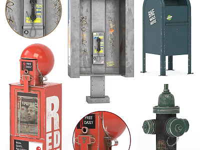 Essential Urban Road Facilities Featuring Fire Hydrant Trash Can Telephone Booth And Street Lamp 3d model