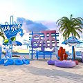 City Pop Themed Beach Setup With Palm Trees Colorful Decorations And Umbrellas