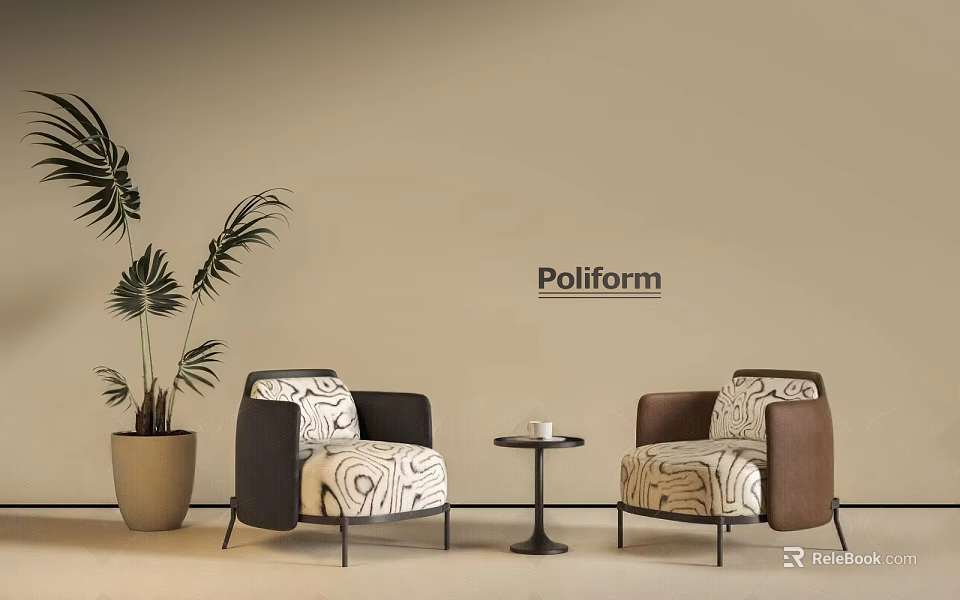 Leisure Sofa Set Two Armchairs with Patterned Cushions Small Round Table and Palm Plant 3d model