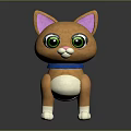 Cute Brown Plush Cat Toy With Pink Ears Green Eyes Blue Collar White Belly Paws