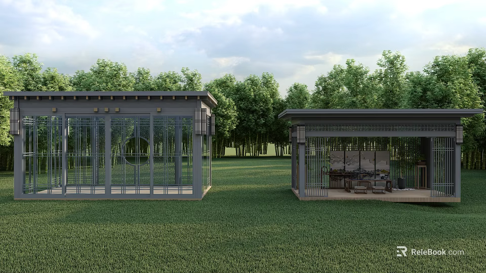 Modern Pavilions on Green Grassland Surrounded by Trees Blue Sky White Clouds 3d model 
