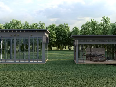 Modern Pavilions on Green Grassland Surrounded by Trees Blue Sky White Clouds 3d model