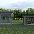 Modern Pavilions on Green Grassland Surrounded by Trees Blue Sky White Clouds