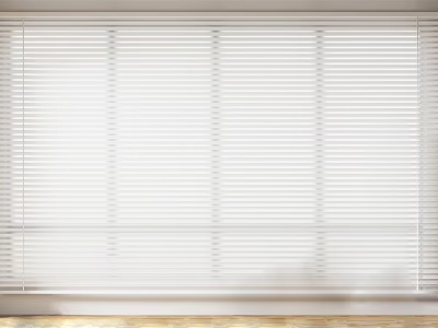 White Venetian Blinds Covering Whole Window In Home Interior With Wooden Floor 3d model
