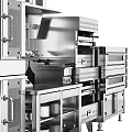 Stainless Steel Commercial Kitchen Equipment With Ovens Refrigerators Range Hoods And Utensils Like Pans Knives