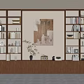 Wooden Bookshelves with Arranged Books Decorative Items Potted Plant and Central Painting