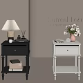 Black And White Modern Nightstands With Lamp Flowers And Decor Items