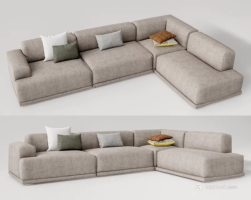 Modern Grey Sectional Sofa With Multi Colored Cushions And Linen Upholstery 3d model