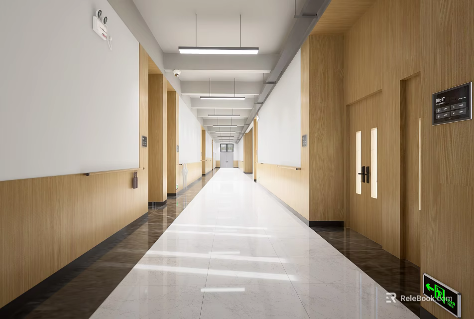 Modern Office Corridor With Wooden Walls White Ceiling Linear Lights And Polished Floor 3d model 