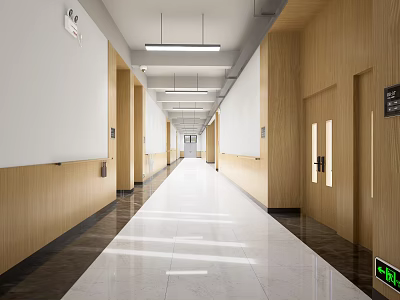Modern Office Corridor With Wooden Walls White Ceiling Linear Lights And Polished Floor 3d model
