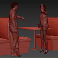 Two People Interacting Near Red Booth Seats With Table And Glass In Restaurant