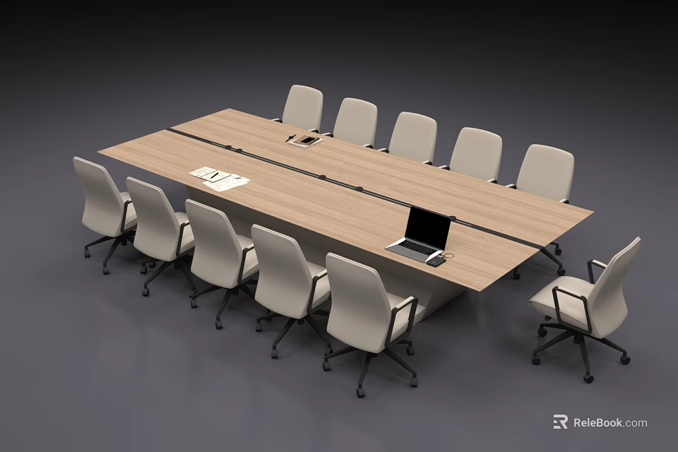 Modern Wooden Conference Table With Gray Office Chairs And Laptop On Top 3d model 