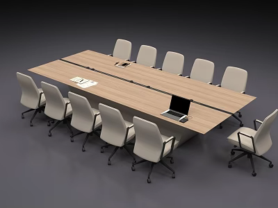 Modern Wooden Conference Table With Gray Office Chairs And Laptop On Top 3d model