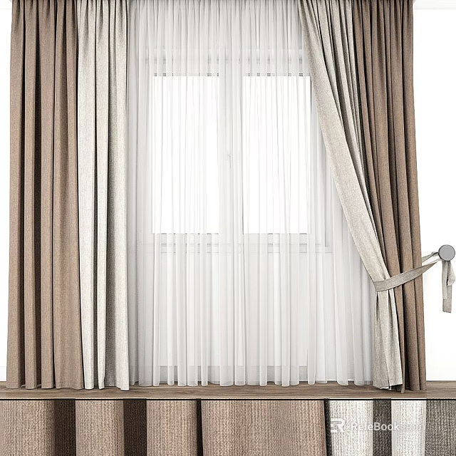 Brown Curtains With White Sheer Layers And Tiebacks For Home Window Decor 3d model 