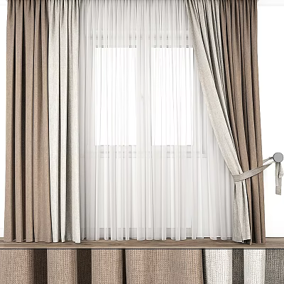 Brown Curtains With White Sheer Layers And Tiebacks For Home Window Decor 3d model
