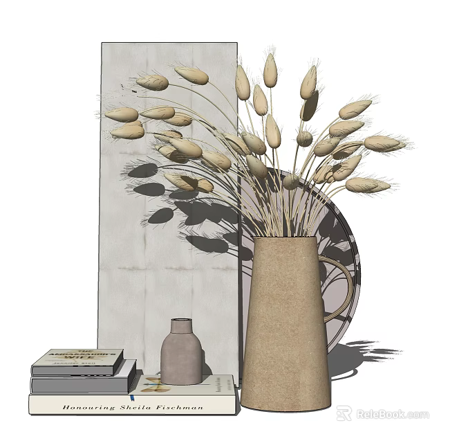 Decorative Ornament Set With Clay Vase Dried Wheat Small Pottery Jar And Books 3d model 