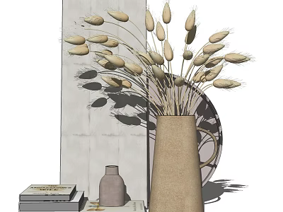Decorative Ornament Set With Clay Vase Dried Wheat Small Pottery Jar And Books 3d model