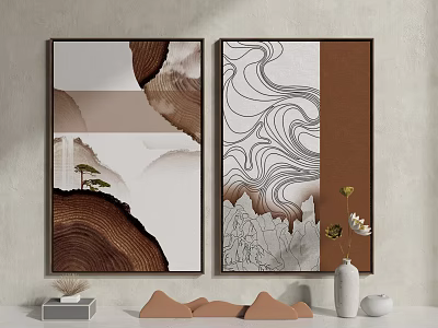 Two Panel Abstract Wall Art With Tree Pattern And Wavy Lines Decorative Vase 3d model