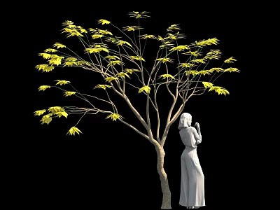 Yellow Leaf Tree And White Statue Figure In Black Background Scene 3d model