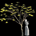 Yellow Leaf Tree And White Statue Figure In Black Background Scene 3d model