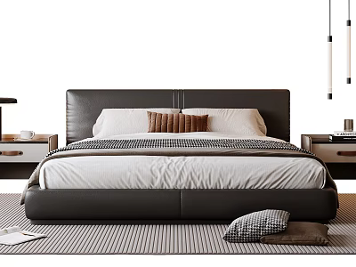 Modern Double Bed With Black Headboard White Brown Pillows Nightstands Striped Rug And Hanging Lights 3d model