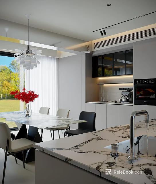 Modern Living Room Interior With Chandelier Marble Dining Table Red Roses And Scenic View 3d model 