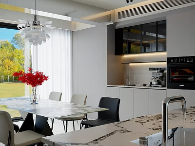 Modern Living Room Interior With Chandelier Marble Dining Table Red Roses And Scenic View 3d model