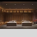 Elegant Modern SPA Sauna Interior With Marble Walls Massage Table Wooden Shelf And Soft Lighting