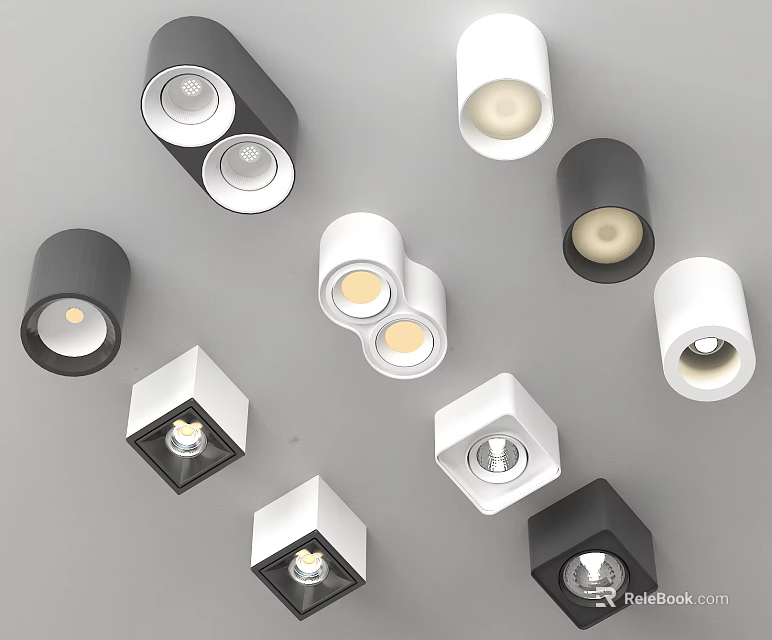 Modern Design Downlights and Spotlights with Round Square Shapes and Black White Gray Colors 3d model 