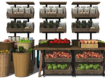Retail Display Shelves Featuring Fresh Fruits Packaged Goods and Wicker Baskets 3d model