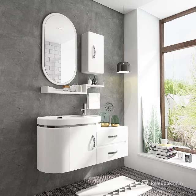 Modern White Bathroom Washbasin With Cabinet Round Mirror Shelf And Natural Light 3d model 