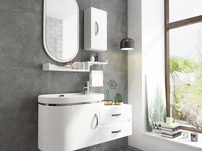 Modern White Bathroom Washbasin With Cabinet Round Mirror Shelf And Natural Light 3d model