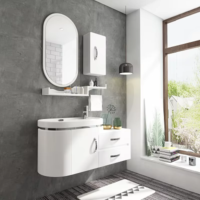 Modern White Bathroom Washbasin With Cabinet Round Mirror Shelf And Natural Light 3d model