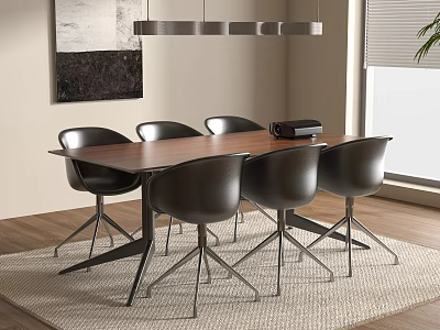 Wooden Conference Table with Six Black Chairs on Rug and Wooden Floor Near Wall Painting 3d model