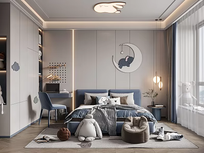 Kids Bedroom Interior Design With Blue Bed Desk Chair Plush Toys And Moon Decor 3d model
