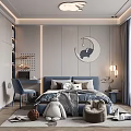 Kids Bedroom Interior Design With Blue Bed Desk Chair Plush Toys And Moon Decor